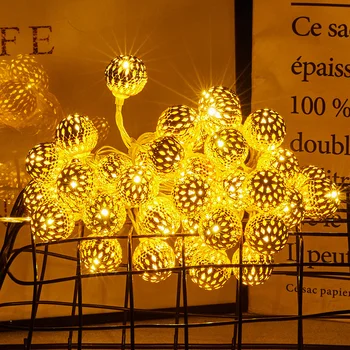 Solárne LED Marocký Tvárna Iron Art Svetlá String vydlabaných Kolo Loptu reťazec Christmas Vonkajšie Lampy Strany Dovolenku Dekorácie