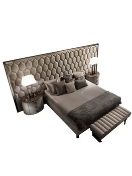 Svetlo luxusná manželská posteľ, spálňa moderné jednoduché kožené nový štýl