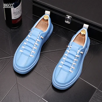 Nové modré Kožené Nové pánske bežné kožené tenisky značky návrhár luxusných bytov Zapatos Hombre