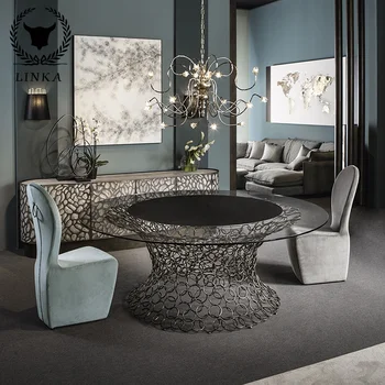 Svetlo luxusné high-end prispôsobené tvrdeného skla, nerezovej ocele abstraktné okrúhly jedálenský stôl