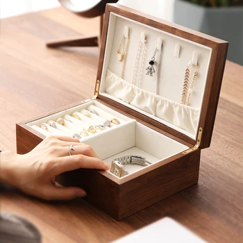 Orech high-end šperky box svadobné svetlo luxusne jemné náušnice, náhrdelník flanelové žlté zlato minimalistický Japonský úložný box