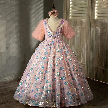 Nové detské šaty dievča princezná šaty sequined bouffant gázy klavír výkon princezná šaty