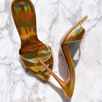 2023 nové letné módy ženy sandále zlato lesklé kožené stiletto päty pošmyknúť na elegantné topánky pre predviesť papuče plus veľkosť 44 45