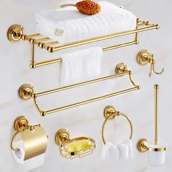 Luxusné Zlaté Mosadzné Kúpeľňové Doplnky Hardware Set Uterák Bar Železničnej Rack Toaletného Papiera Držiak Na Wc Kefu Sprcha Mydlo Parabola Držiak