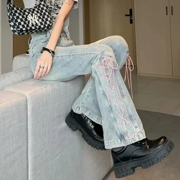 Ženy Vintage Obväz Štrbinou Slim Svetlice Džínsové Nohavice Y2K Vysoký Pás Džínsy Žena kórejský Streetwear Bežné Širokú Nohu Nohavice