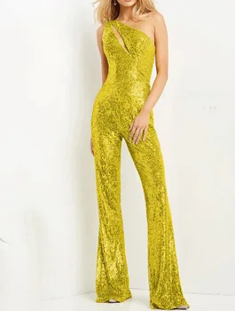 2023 Nové Luxusné Jumpsuit Ženy Zlaté Jedného Pleca Bez Rukávov Obličkového Nohavice Nohavice Elegantné Prom Party Večer Kombinézach