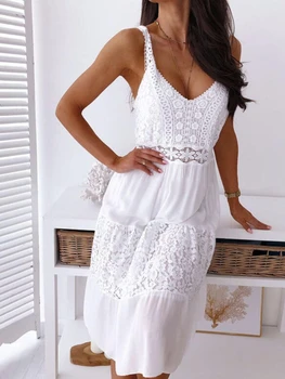 Nové V Lete Sexy Šaty tvaru vydlabaných Čipky Elegantné Temperament Chudnutie Vzhľad Šitie Šatka Pláži biele Šaty