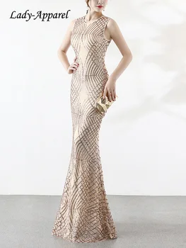Lady-Oblečenie, Luxusné Vlnité Sequin bez Rukávov Večerné Šaty Žien Elegantné High-v strede zúžený Slim-fit Fishtail Šaty Pre Spoločenské Hostí