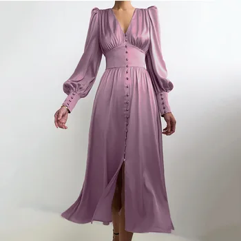 Jar nové saténové šaty žien dizajn zmysel balón rukávy ukázať tenké Európskych a Amerických temperament štíhle dlhé sukne
