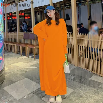 2020 Jeseň Maxi Šaty Žien Veľká Veľkosť Nepravidelný Batwing Dlhý Rukáv Voľné Bežné Šaty, Oranžová, Žltá Vrások Dizajn Koreant