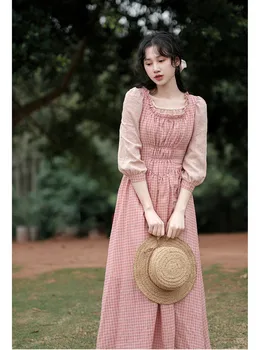AIGYPTOS Maxi Šaty Pre Ženy Jar Vintage Elegantný Štíhly Idylické Šaty kórejský Módne 3/4Sleeve Ružová Kockované Šaty Popolušky