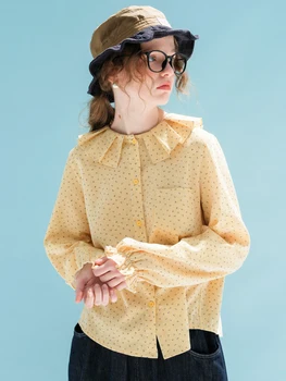 IMAKOKONI Originálny dizajn Žltá dlhým rukávom kvetinový tričko pruhované klope Vrecko sladké top Žien 234022