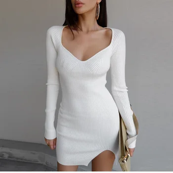 Elegantné biele šaty, sveter 2022 zimné dlhým rukávom pletené priliehavé šaty, sexy split mini jesenné a zimné šaty