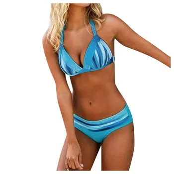Ženy Farebný Prúžok Tlače Bikini Set Plavky Vystrihnúť Vysoký Pás Pláže Plavky Nastaviť Čalúnená Dve Kus Plavky Ženy 2023