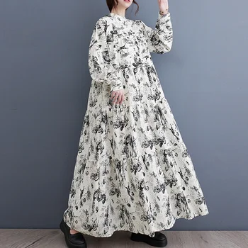 Kórea Jar Ženy Kvetinové Šaty Plus Veľkosť Bežné Skladaný Žena Šaty Módne Dámske Dámske Tlač Dlhý Rukáv Šaty Vestido Rob