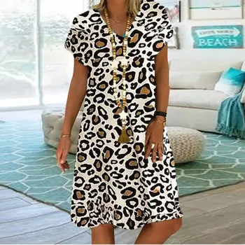 Pláž Nosiť 2023 Ženy Voľné Letné Šaty Krátke Rukáv V Krku Leopard Vytlačené Koleno Šaty Žien Oblečenie Šaty