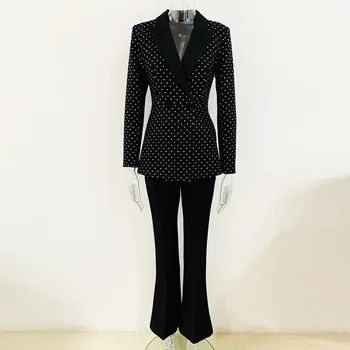 Spot 2023 nové Európske a Americké star fashion drahokamu sako+micro-vytiahnuť oblek nohavice dvoch-dielny oblek