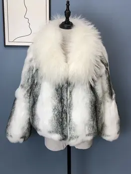 FURYOUME 2023 Nové Zimné Ženy, Skutočné Králik Kožušinový Kabát Prírodné Králik Kožušiny Bunda s Načechraný Fox Kožušiny Golier Streetwear Módy