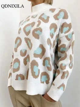 2023 Jeseň Zima Ženy Sveter Leopard Tlač Pletený Pulóver kórejský Módy Nové Knitwear O-krk Dlhý Rukáv Topy Nadrozmerná, Blúzky