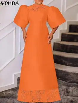 VONDA Ženy Strany Večerné Šaty s Čipkou Patchwork Elegantné Maxi Sundress 2023 Letné Krátke Lístkového Rukáv Pevné Farba Prom Šaty Femme