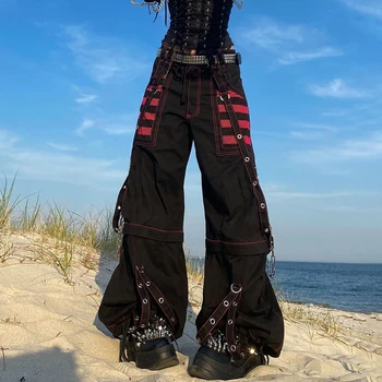 Ženy Gotický Punk Nákladu Džínsy Wide Rovnou Nôh Nohavice Grunge Hippie Neforemné Nohavice Y2k Akademického Tmavé Oblečenie Bežné Streetwear