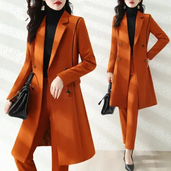 Nové Zimné Ženy Práca Business Nosiť Nohavice Oblek Dámy Orange Black Dvojité Breasted Dlhé Sako Nohavíc Formálne 2 Dielna Sada 4XL