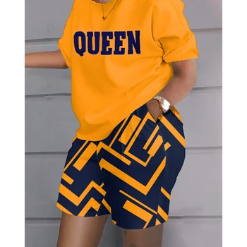 Ženy Kráľovná List Tlače Top & Colorblock Šortky Nastaviť Žena O-Krku Krátky Rukáv, 2 Ks Príležitostné Letné 2023 Oblečenie Oblečenie