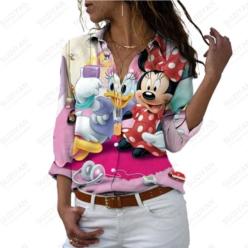 Elegantné Polo Krku Tričko Disney Minnie Daisy Tlač Voľné Bežné Kancelárske Tričko dámske Fashion Street Tlač Dlhý Rukáv Priedušná