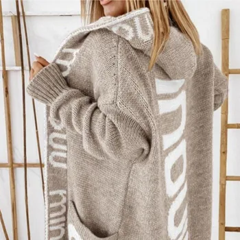 2023 Jeseň zima v Európe a Spojených Štátoch pletený sveter kabát žien stredne dlhý sveter voľné osobnosti list s kapucňou