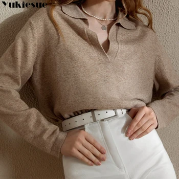 Vintage módy farbou jeseň zima pletený polo golier v golier dlhý rukáv sveter knitwear ženy Pulóvre