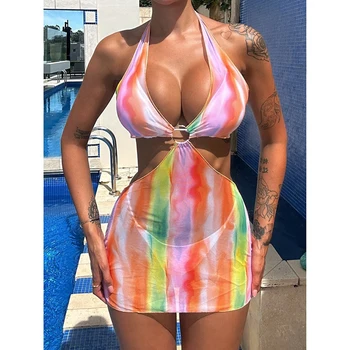 Tie Dye Tri Kusy Micro Bikini Set s Krytom Up Plavky s uväzovaním za Ženy 2023 Nový Obväz, Plavky, plavky Biquini