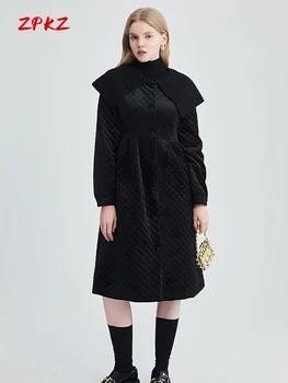 ZPKZ Vintage Šatkou Kosoštvorec Ženy Bavlnená Bunda Zimná Nové Módne Black Premium Zmysel Midi Hepburn Štýl Šaty
