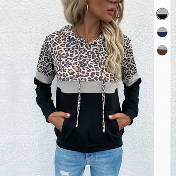 Jeseň nové dámske mikiny s vrecku šnúrku kapucňou obložené leopard tlač hoodies ženy