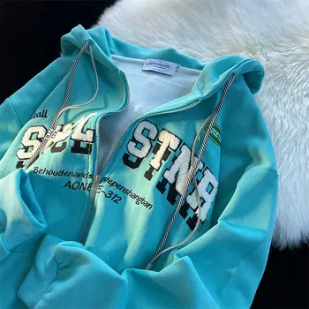 Harajuku Nové Vyšité Písmeno Zip Hoodie Americký Retro Jazero Modrý Sveter Ženy Voľné Pár nadrozmerné hoodie goth mikina