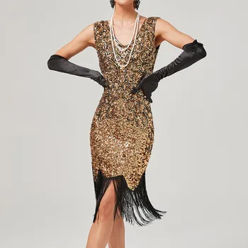 1920 Vintage Krídlovky Veľký Gatsby Party Šaty tvaru bez Rukávov Sequin Korálkové Štýl Šaty Strapec Krídlovky Sundress Vestidos
