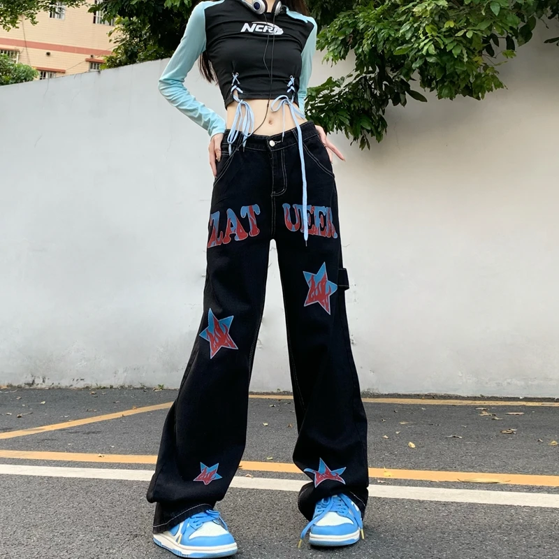 Hviezda Vzor VYTLAČENÉ DŽÍNSY Neforemné Džínsy Streetwear Nohavice Pre Dámske a Mužov 2023 Vintage bežné nohavice mužov a žien trou