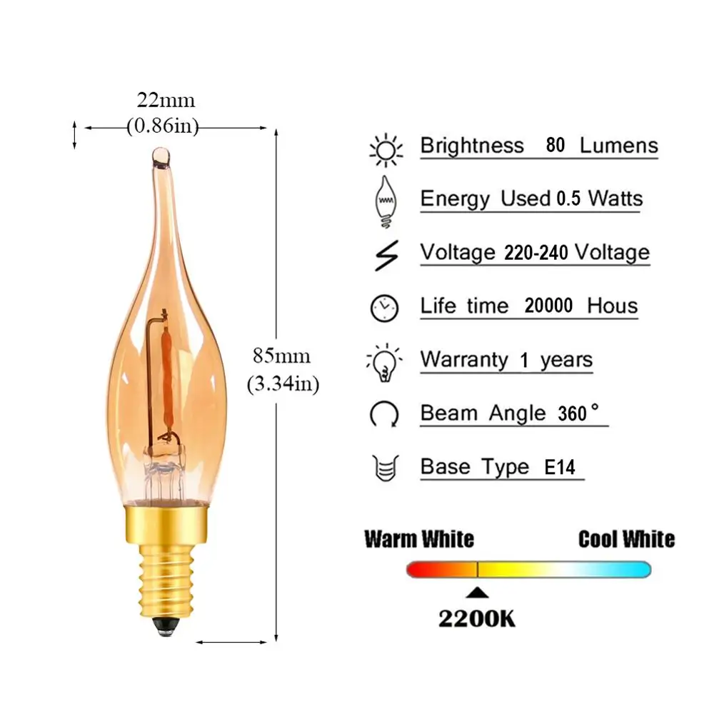 Stmievateľné C22 LED Žiarovky Žiarovka E14 0,5 W Amber Dekoratívne Nočné Svetlo sviečkach Ampoule Candelabra Luster Náhradné Žiarovky