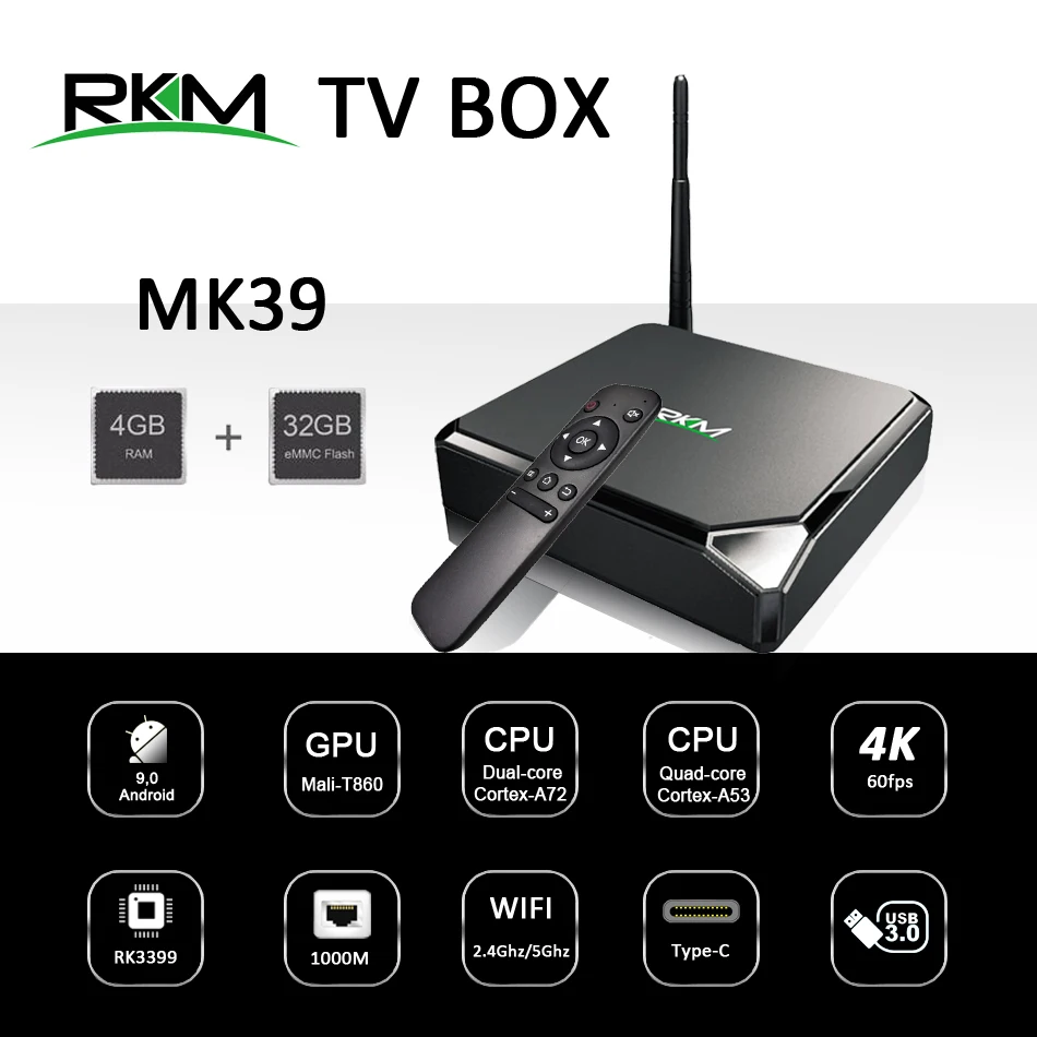 Android9.0 TV BOX RKM MK39 Rockchip RK3399 4 GB 32 GB 802.11 AC 2.4 G 5G 1000M LAN USB3.0 Typ-c Digitálne Tabule Media Player