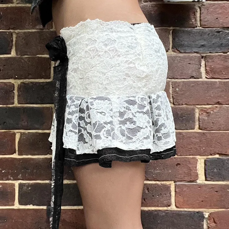 Kontrast Farieb Čipky Japonský Y2K Mini Sukne Kravatu Kvet Strapce Kawaii 2000s Oblečenie Pre Ženy s Nízkym Pásom Letné Sukne