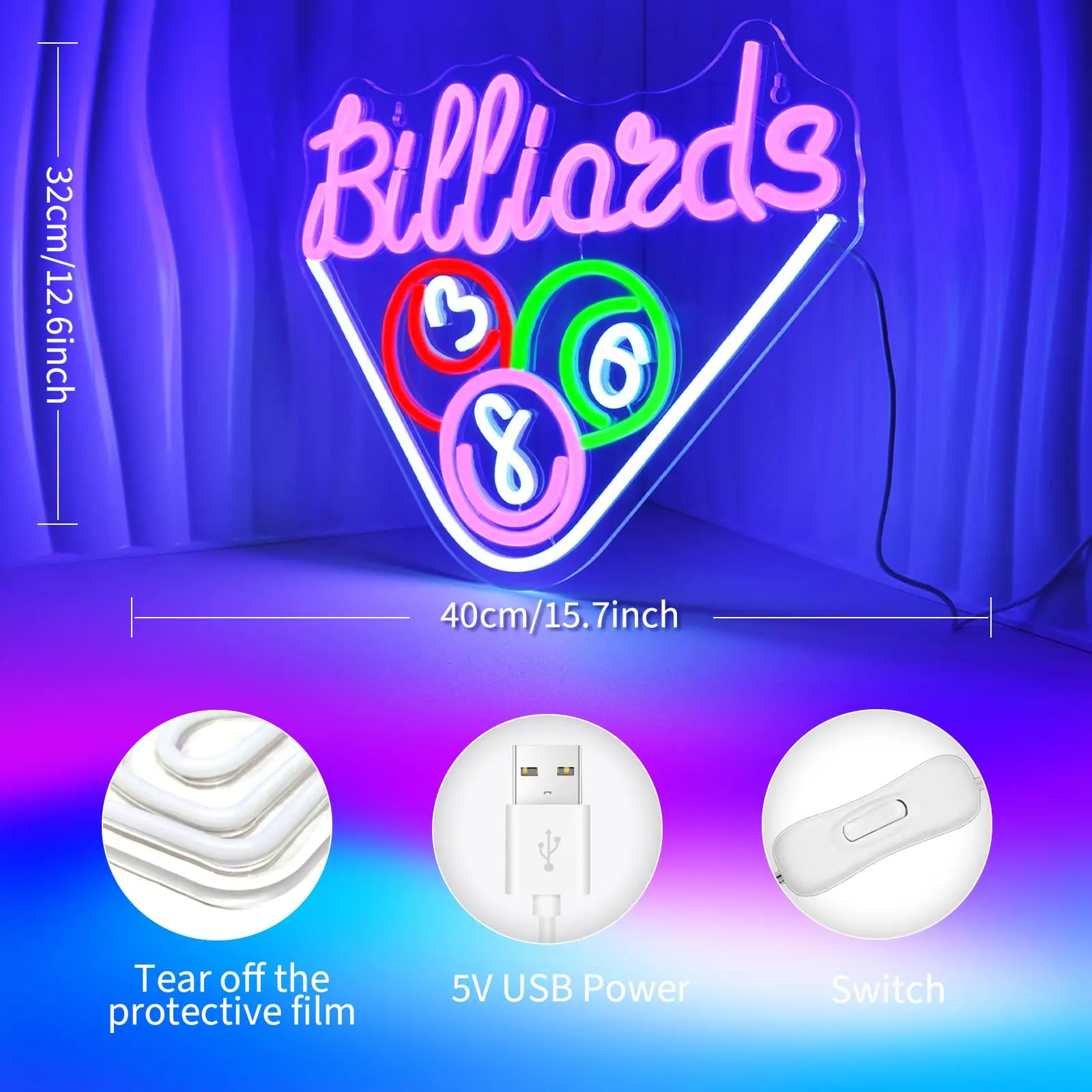 Biliard Neónové Značky pre Steny Výzdoba Fialové Svetlo LED Znamenie pre Preppy Izba Dekor rozsvieti Znak, herňa Party Dekorácie USB